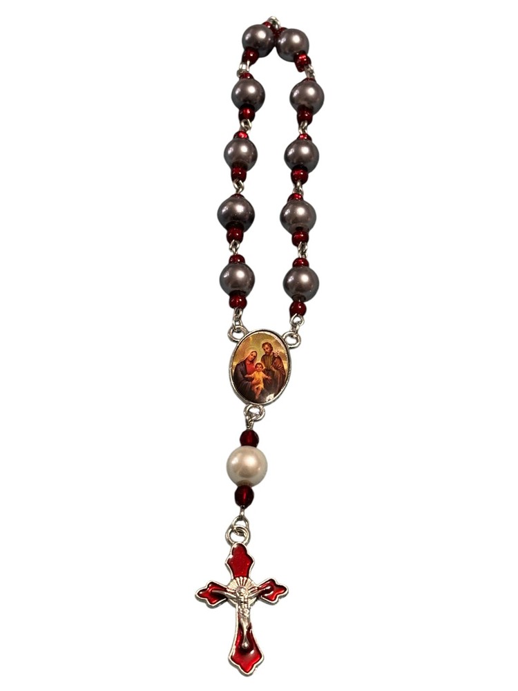 Handmade Silver and Red Holy Family One Decade Pocket Catholic Rosary