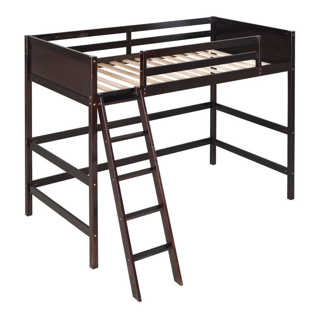 Twin Size Loft Bed with Ladder  Solid Wood and Eight Supporting Slats