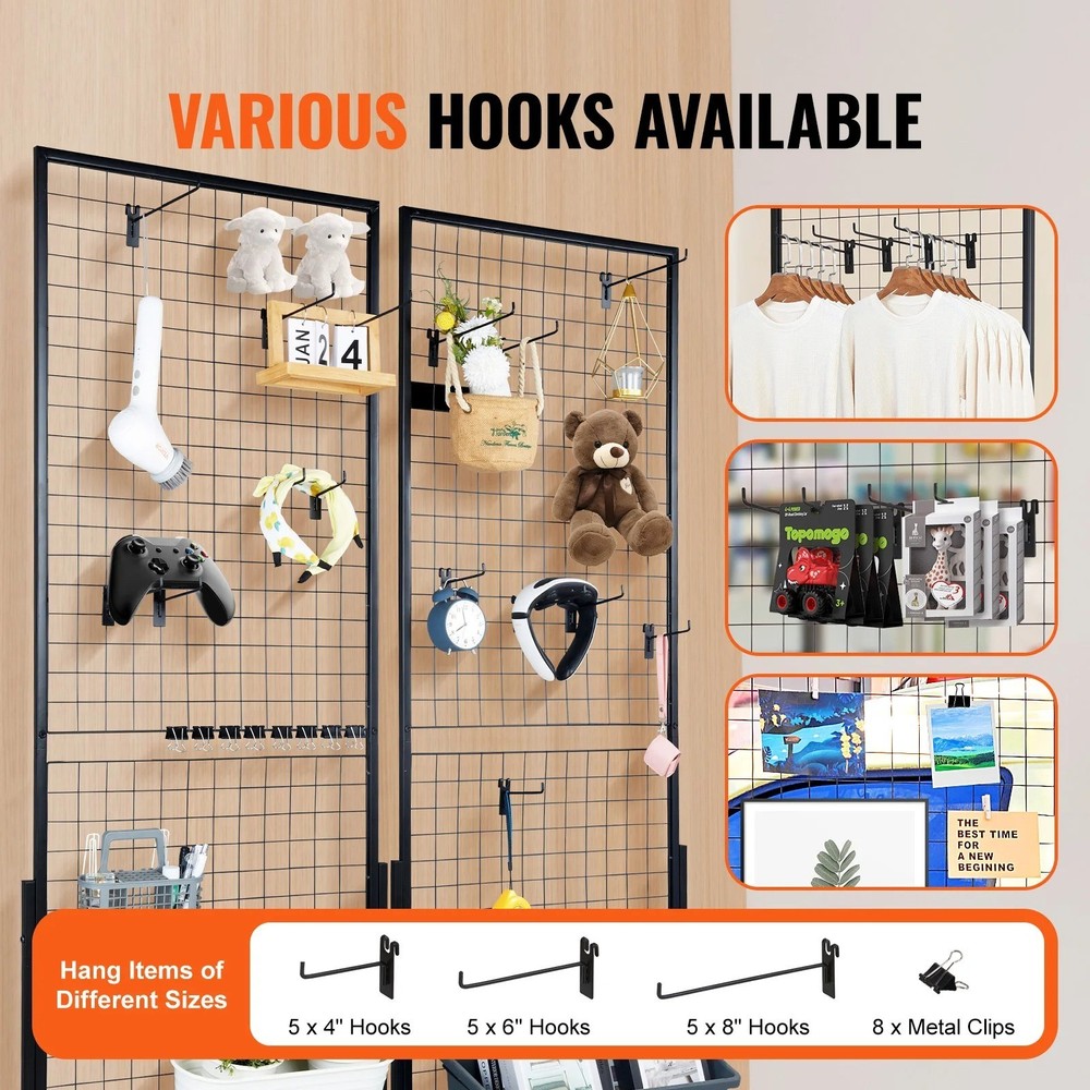 2 Pack Grid Wall Display Panels Floor Standing Wire Rack with Hooks USA