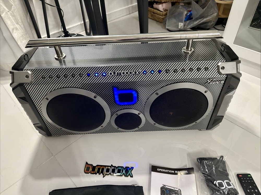 bumpboxx Flare8 Boombox Bluetooth USB Remote Microphone Aux Input Black Silver