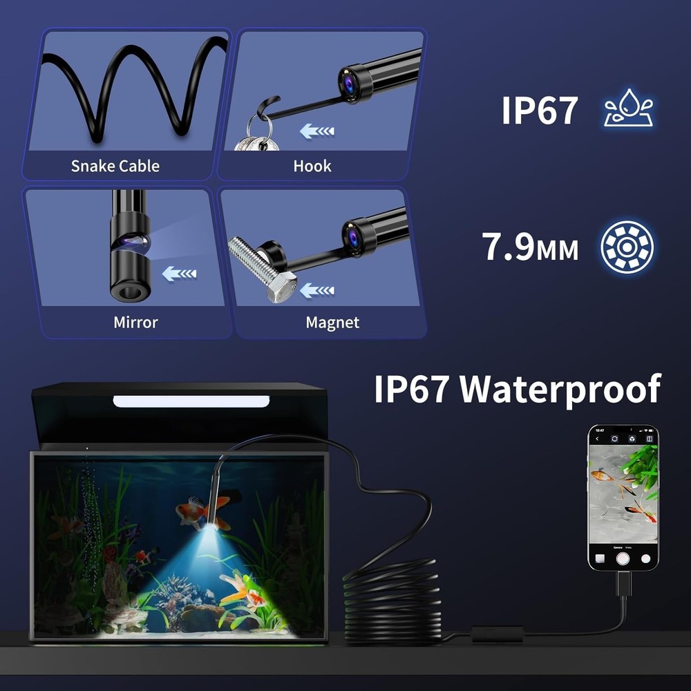 Compact Waterproof Inspection Camera - 16.4ft Semi-Rigid Cable & Easy Setup