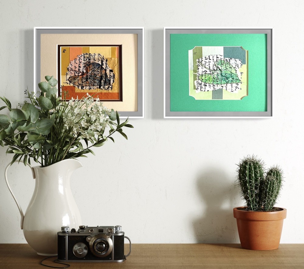 Mixed Media Collage Botanical Leaf Art pair