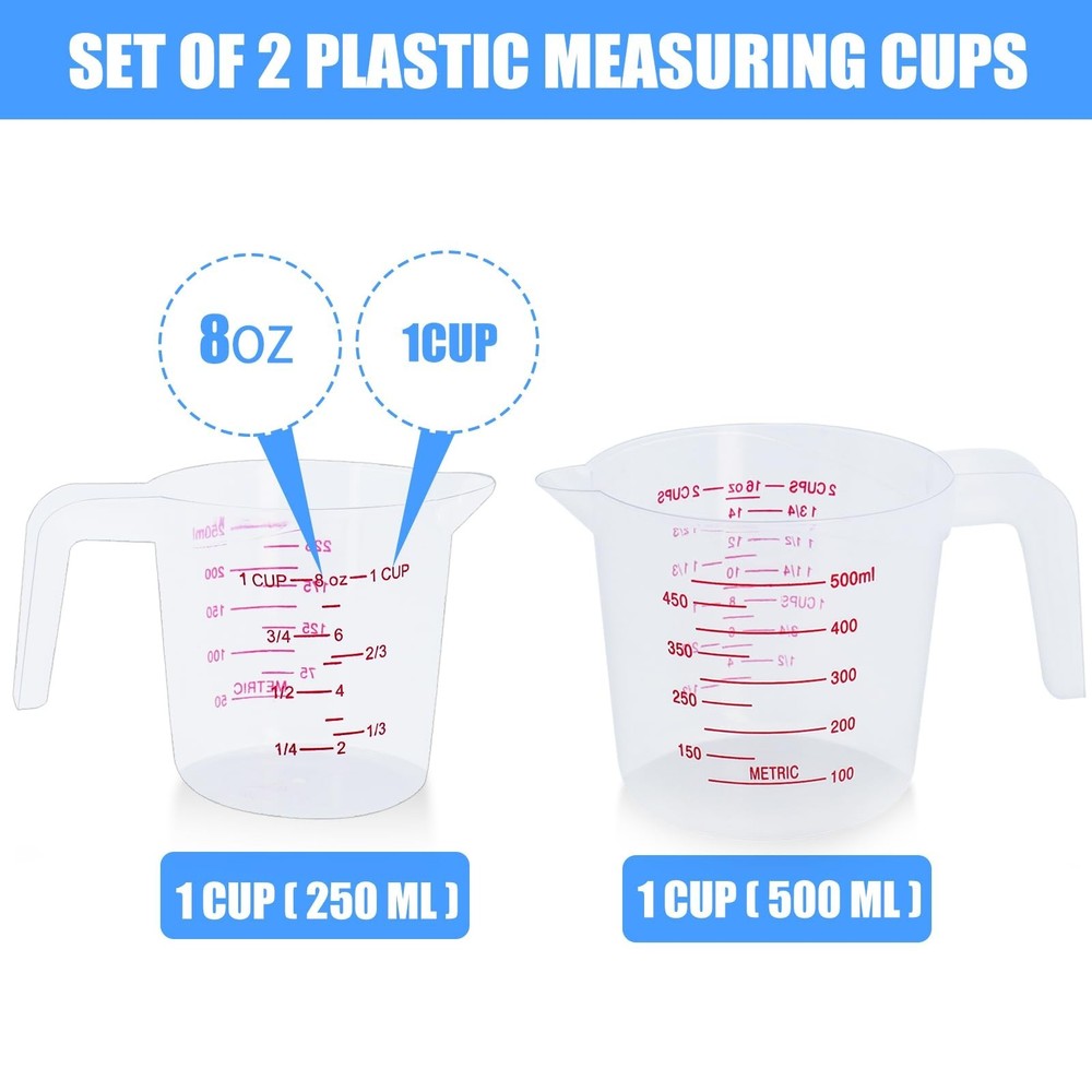 2 Pack Measuring Cup Set, Includes 250Ml (1-Cup), and 500Ml (2-Cup) Plastic L...