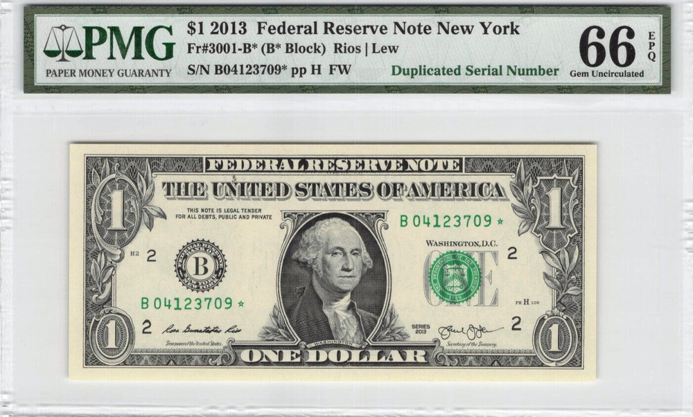 2013 $1 Star Note Duplicate Serial Error Pair TOP POP 53 66 PMG Highest Grade