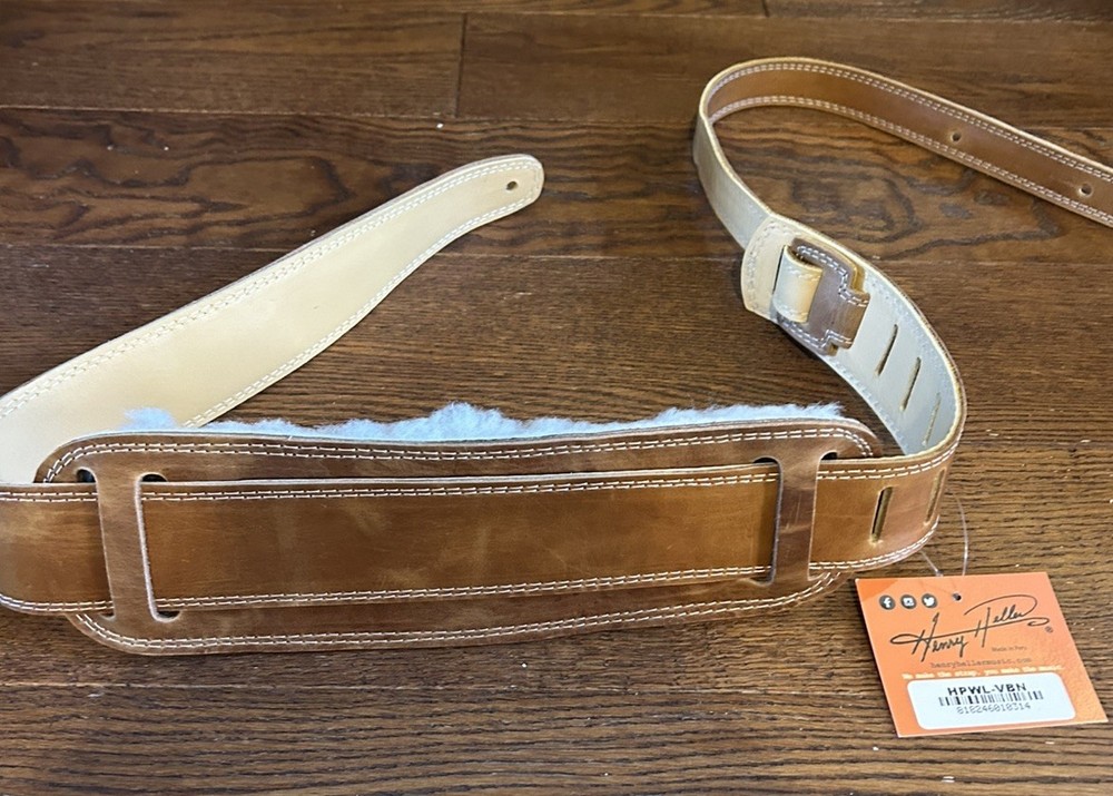 Henry Heller 1.75" Wide Adjustable Guitar Strap, Brown Leather with Wool Padding
