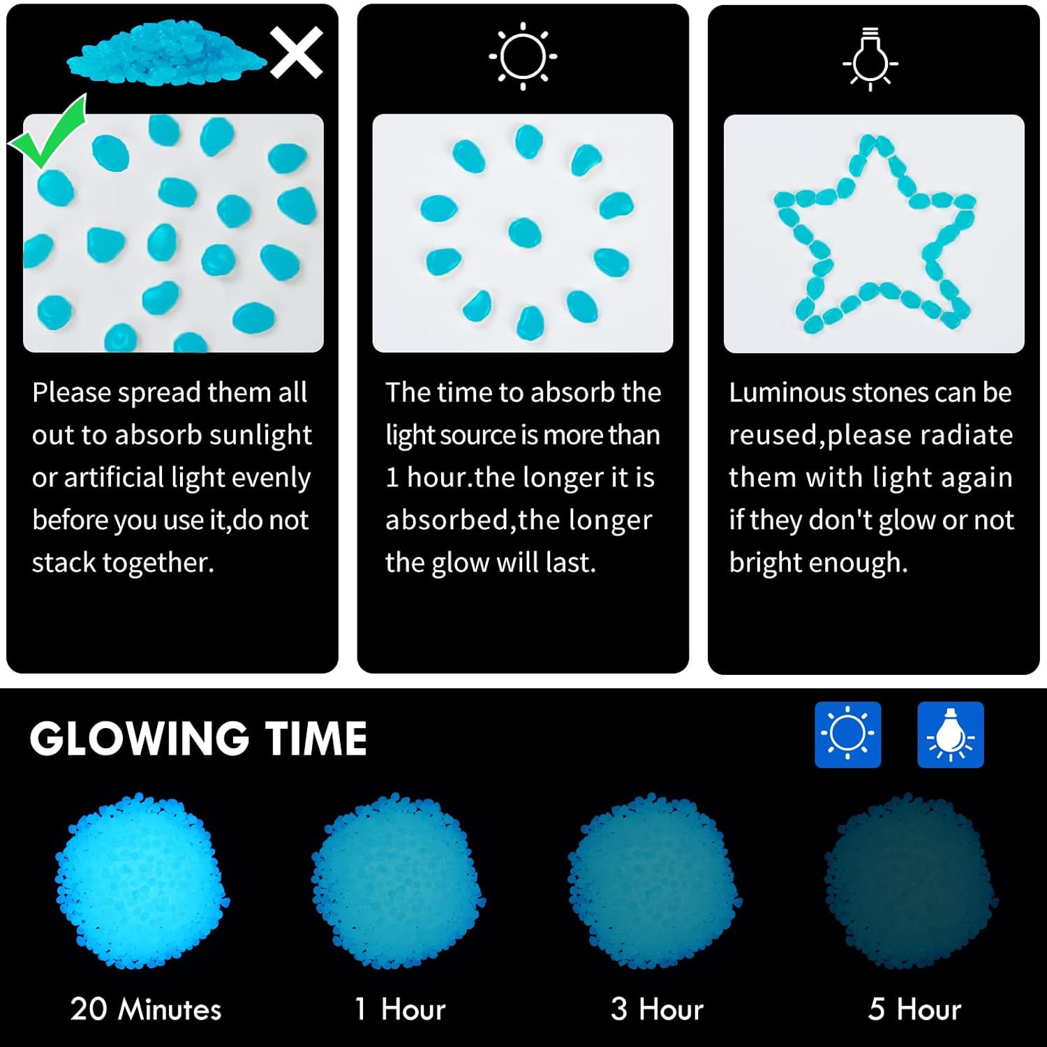 1000PC Glow in the Dark Stones Glowing Rocks Luminous Pebbles for Outdoor Decor,