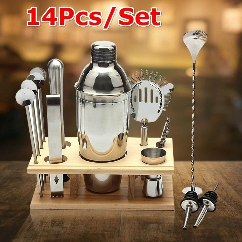 14Pcs Bartender Kit Cocktail Shaker Set with Bamboo Stand Bar Tool Set with Tool