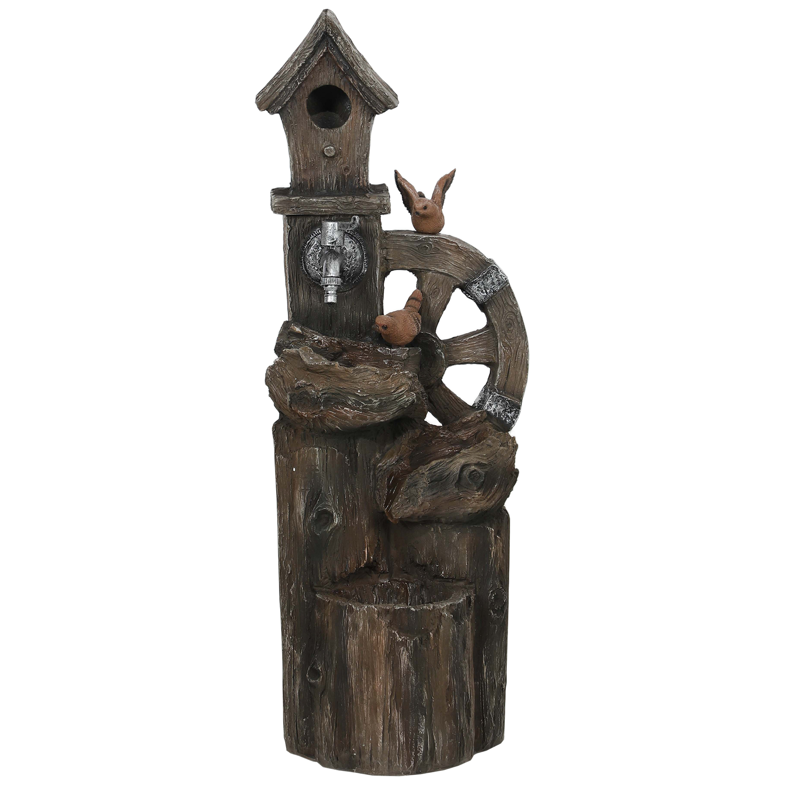 2-in-1 Outdoor Water Fountain Birdhouse Tree Trunk Water Feature