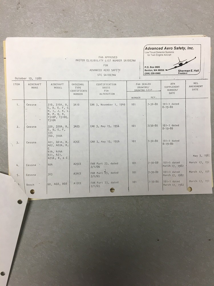 Supplemental Type Certificate SA1007NW Low Thrust Detector System Paperwork