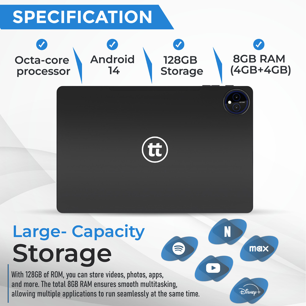 tabtoday 11 inch Tablet, Android 14, Octa-Core Processor 128GB ROM, WiFi - Black
