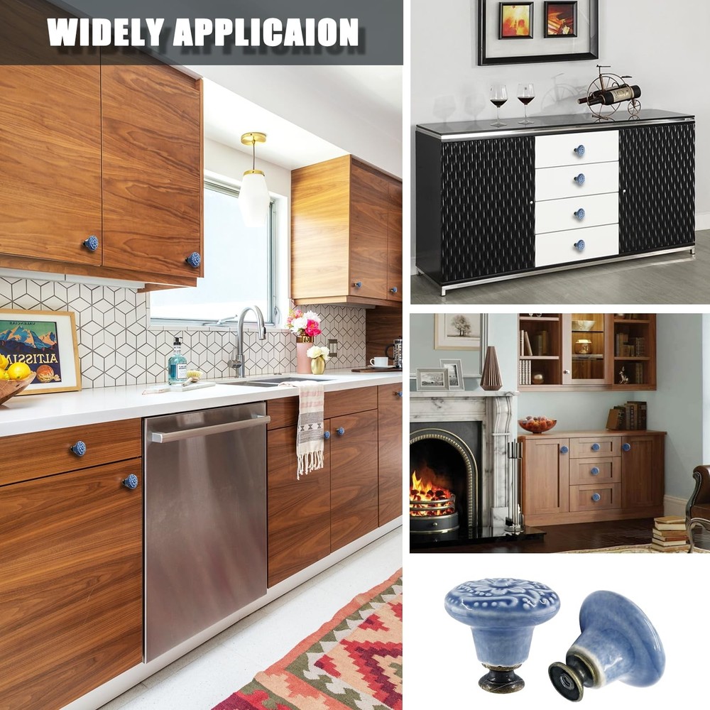 12 Pcs Light Blue Vintage Ceramic Cabinet Knobs, Round Drawer & Door Pulls