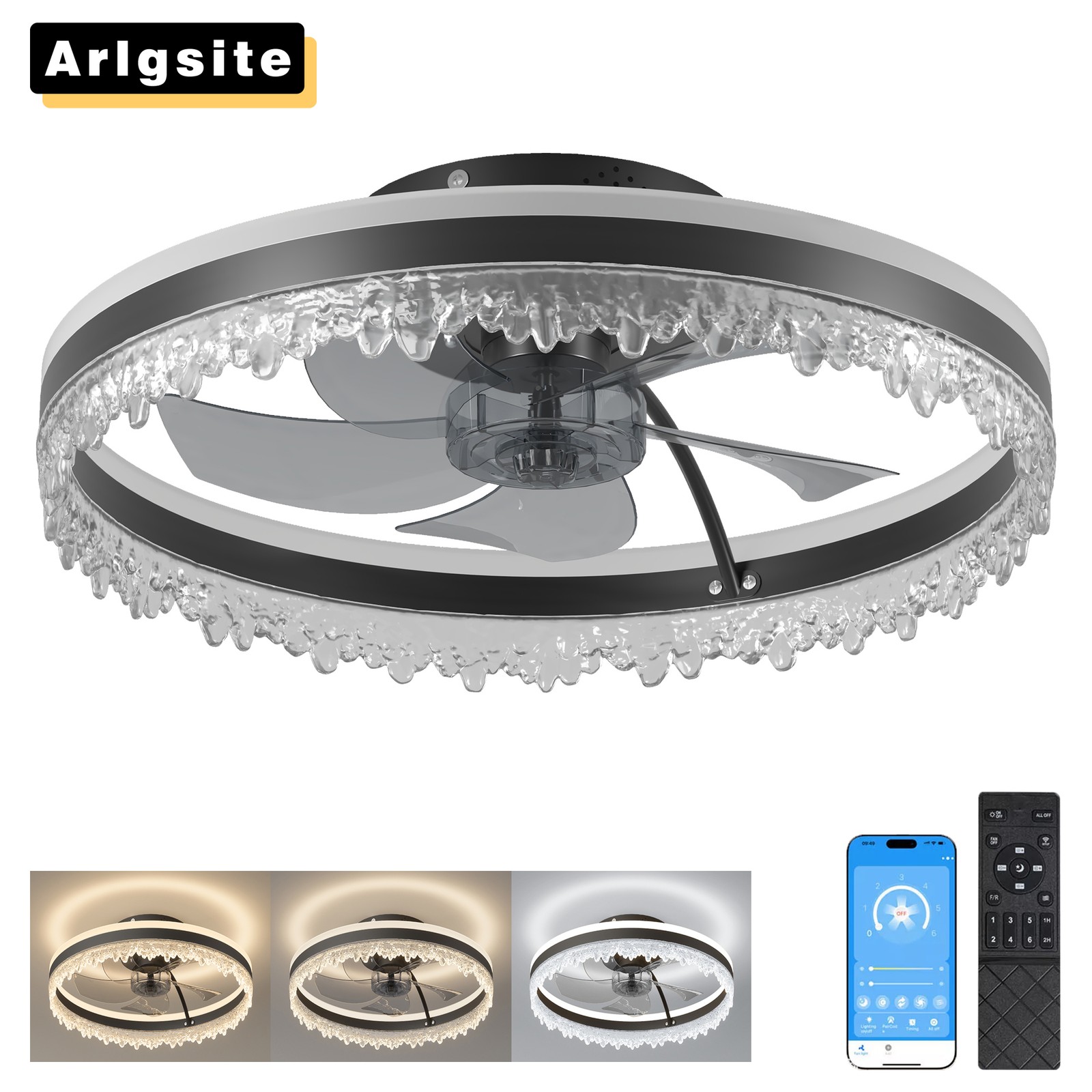 20'' Ceiling Fan with Dual-Layer Light Ring Flush Mount Remote APP Control Kit