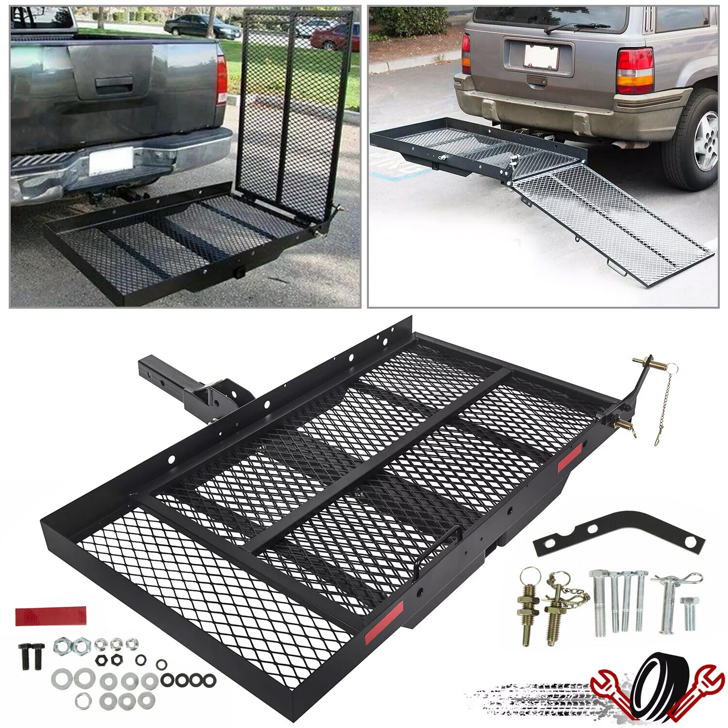 500LB Folding Mount Basket Hitch Cargo Carrier W/ Ramp Wheelchair Carrier Rack