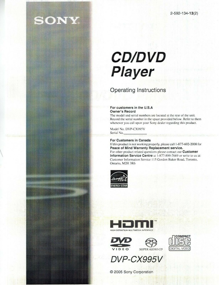 SONY DVP-CX985V CD/DVD Service & Operating Manuals ( On CD )