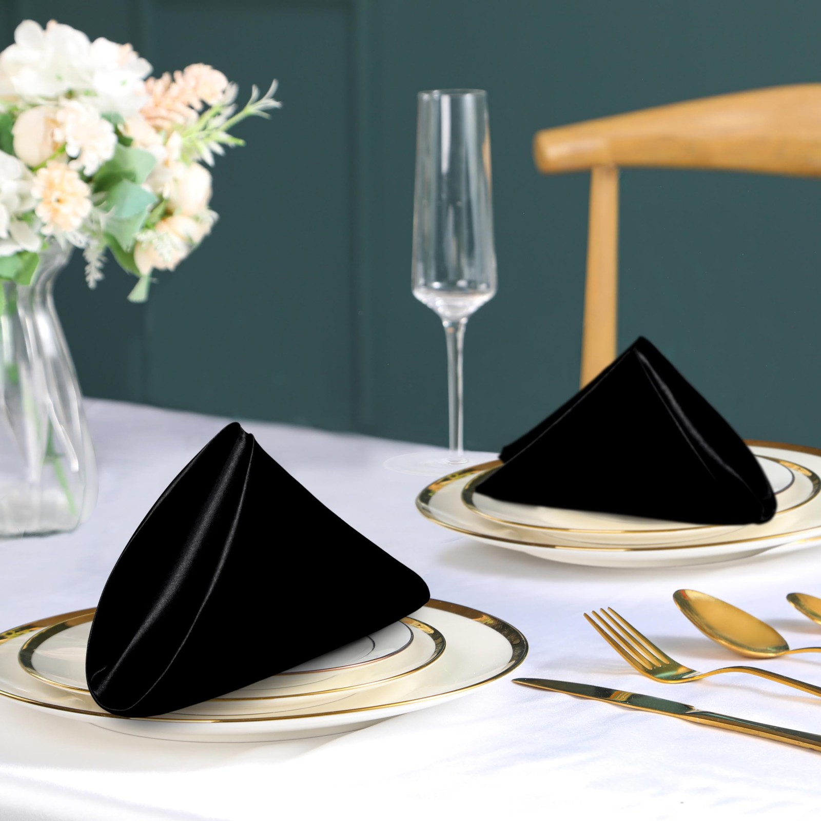 100 Pack Black Satin Napkins and Napkin Rings Set, 12 x 12 Inch Silky Soft Cl...