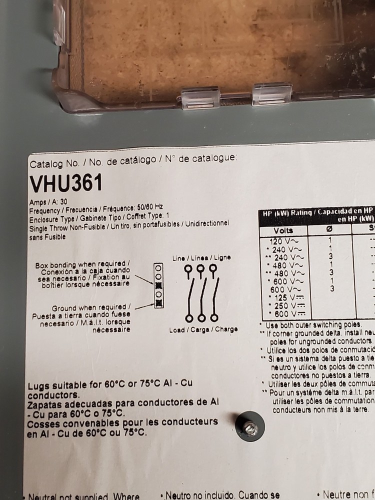 VHU361 - Square-D 30A AMP Non-Fusible Safety Switch