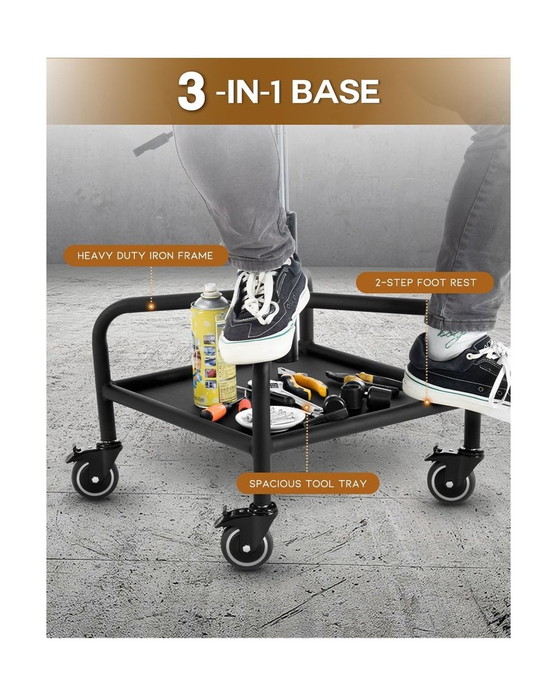 Shop Stool with Lockable Rubber Wheels Adjustable Backrest Tool Tray Storage ...