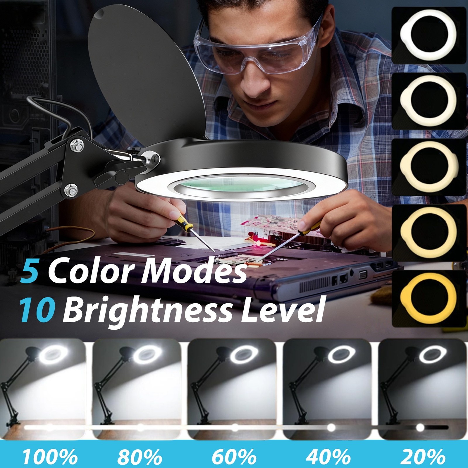 15X Magnifying Glass Desk Light Magnifier LED Lamp Reading Lamp With Lid + Clamp