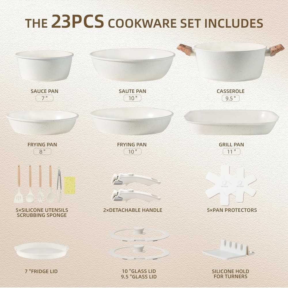 23pcs Ceramic Pots and Pans Set, Nonstick Detachable Handle Cookware, Induction