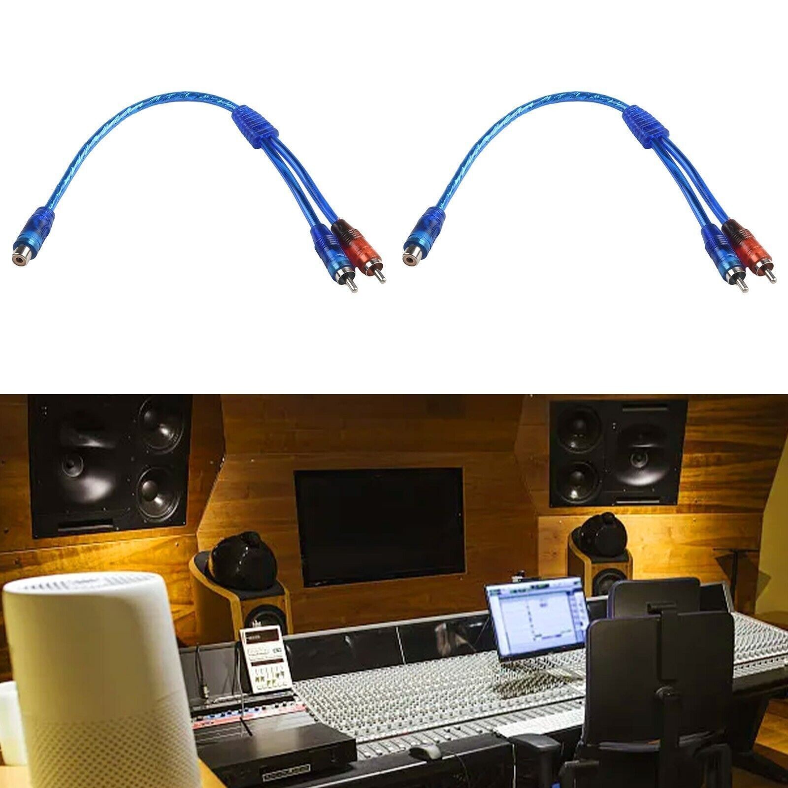 2pcs RCA Y Splitter Audio Jack Cable Adapter 1 Female to 2 Male Connector Blue