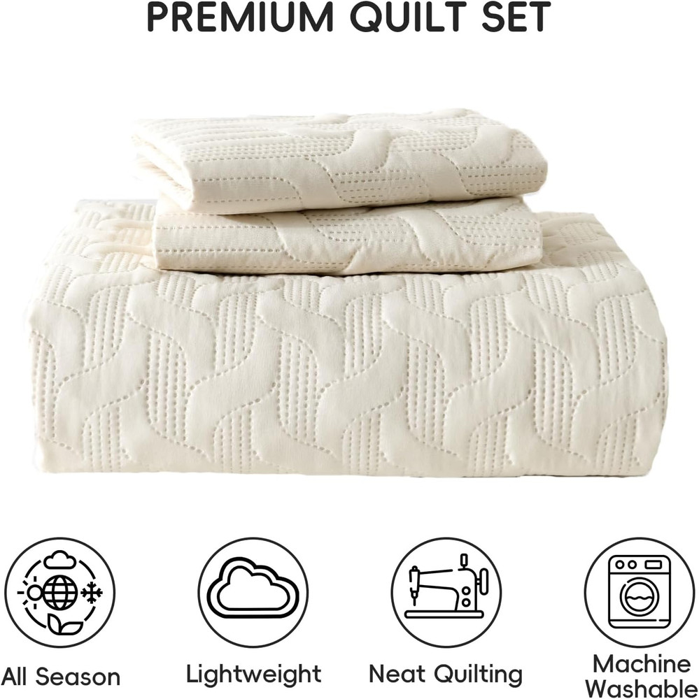 Beige Quilt Set King Size Lightweight Bedspread Ultrasonic Wave Pattern Soft Mic