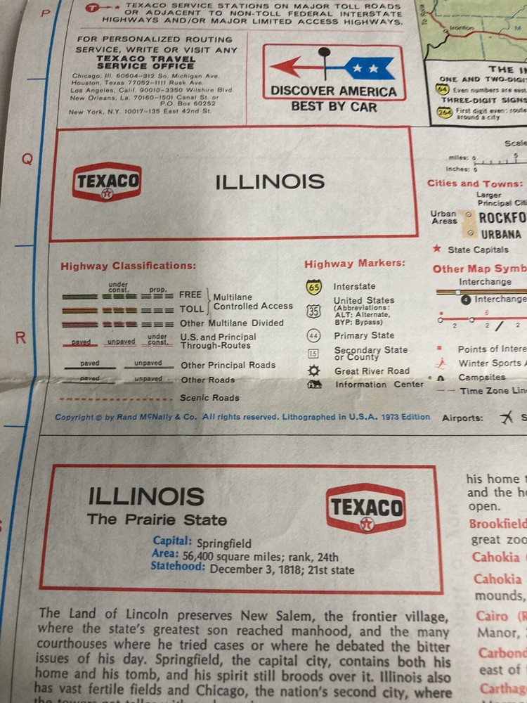 1973 ILLINOIS ROAD MAP TEXACO 34" X 18"