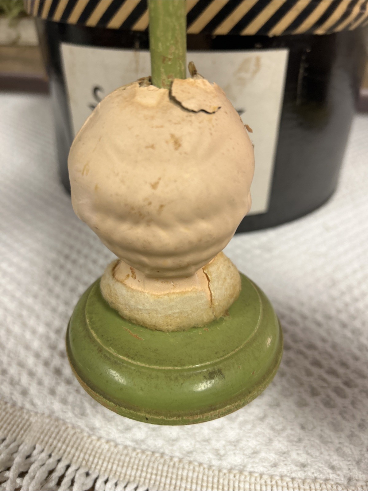 Antique Papier-Mâché Side Eyed Doll Head Girl Wood Hat Stand 9.5" Creepy Germany