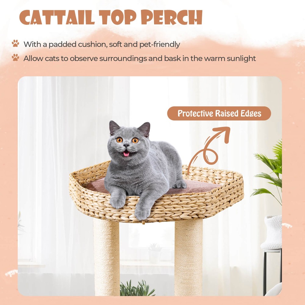 52" Cattail Cat Tower w/ Sisal Scratching Posts Perch Dangling Ball Cat Tree