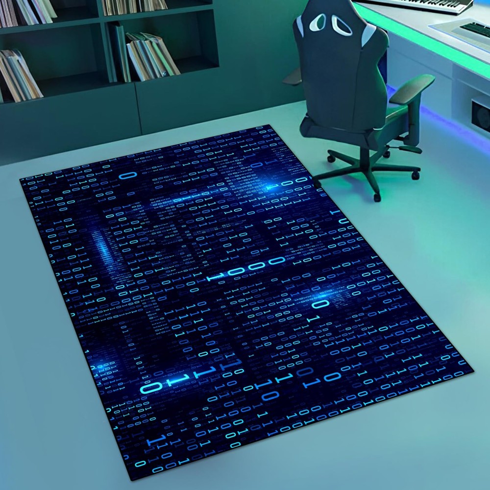 Washable Game Area Rug, Blue Binary Code Design Gaming Programmer Teen Carpet Ru