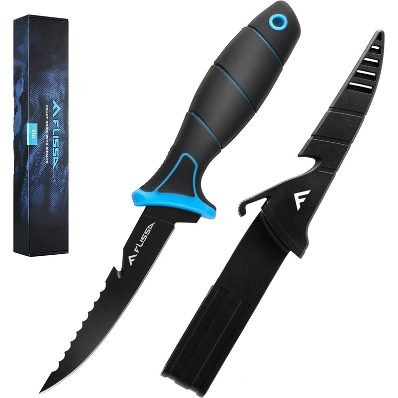 FLISSA 5''/6''/7''/9'' Fillet Knife Cutting Notch Non-Slip Handle w/Black Sheath