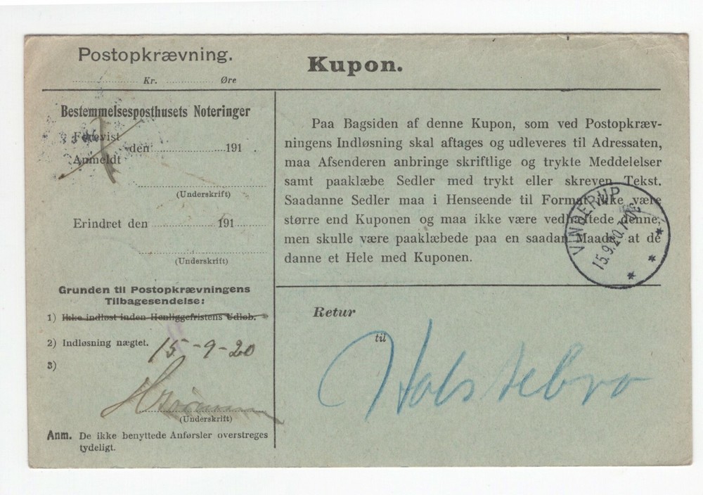 DENMARK: Postal form COD, Holstebro 1920.