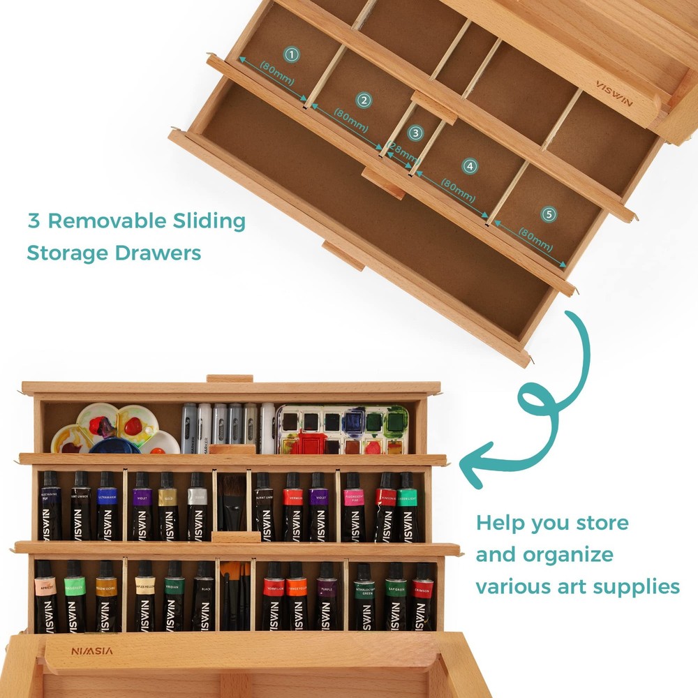 Large Tabletop Easel with 3 Storage Drawers, Adjustable Beech Wood Table Top ...