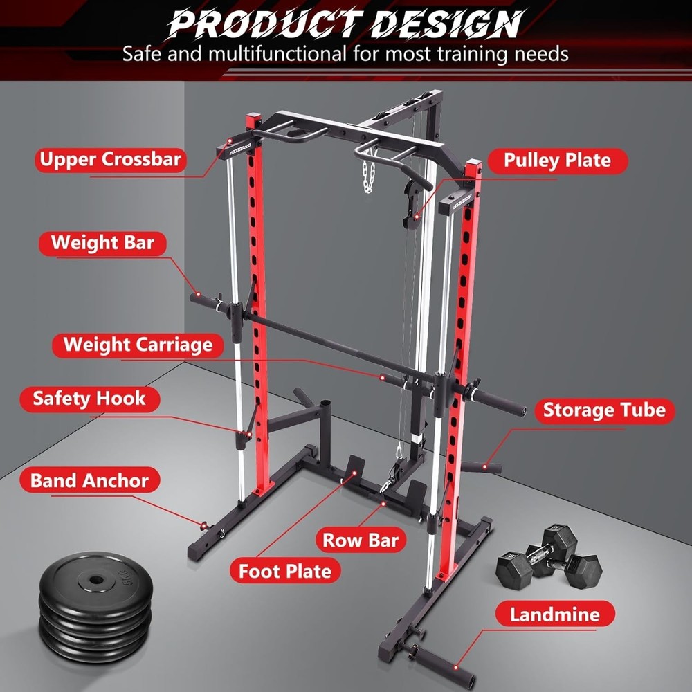 Smith Machine Multifunctional Power Cage Rack with Cable Machine & Barbell Bar🔥
