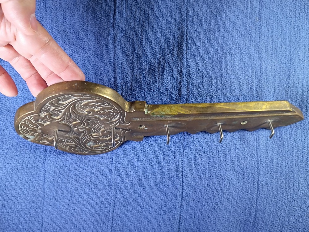 Vintage LARGE Wall Key Holder, Key Shaped Solid Brass w 5 Hooks