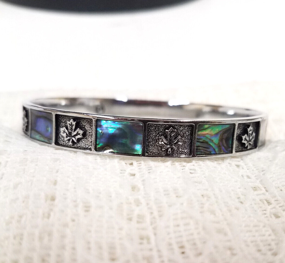 Vintage Signed M Bangle Abalone Shell Inlay Silver Tone Maple Canada Leaf 2-1/2"