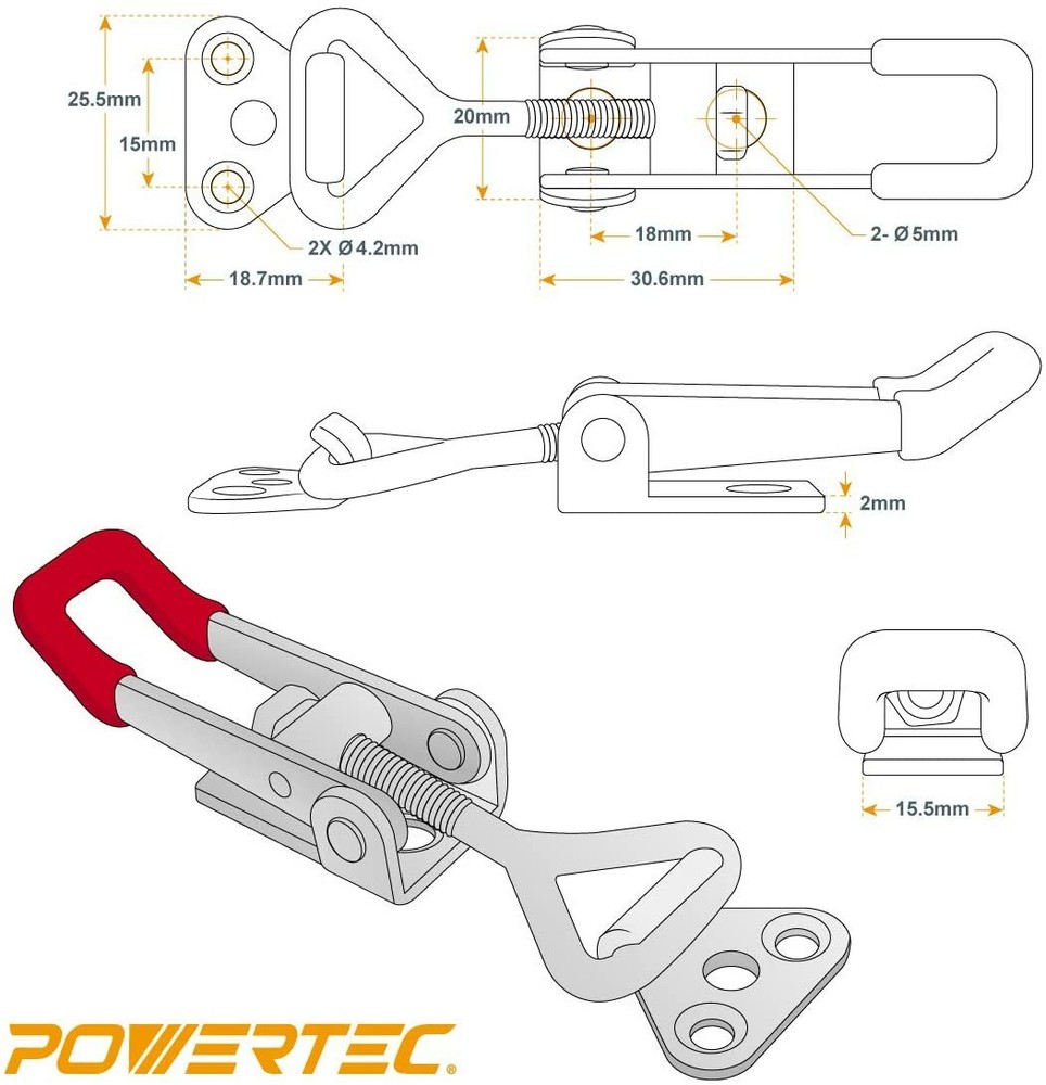 POWERTEC Pull Action Latch Toggle Clamp Red Vinyl Handle-220 lbs Capacity-8pcs