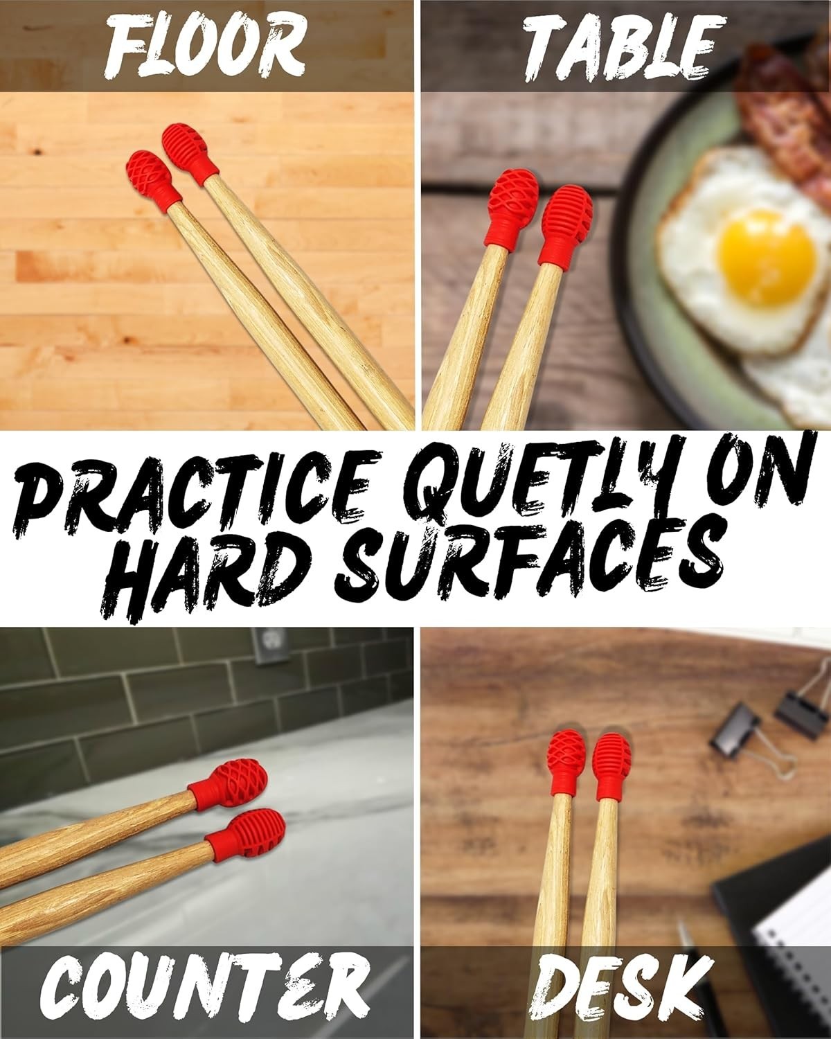 Drumstick Dampeners Silicone Tips 4 Pack for Quiet Drumming Practice Red & Black