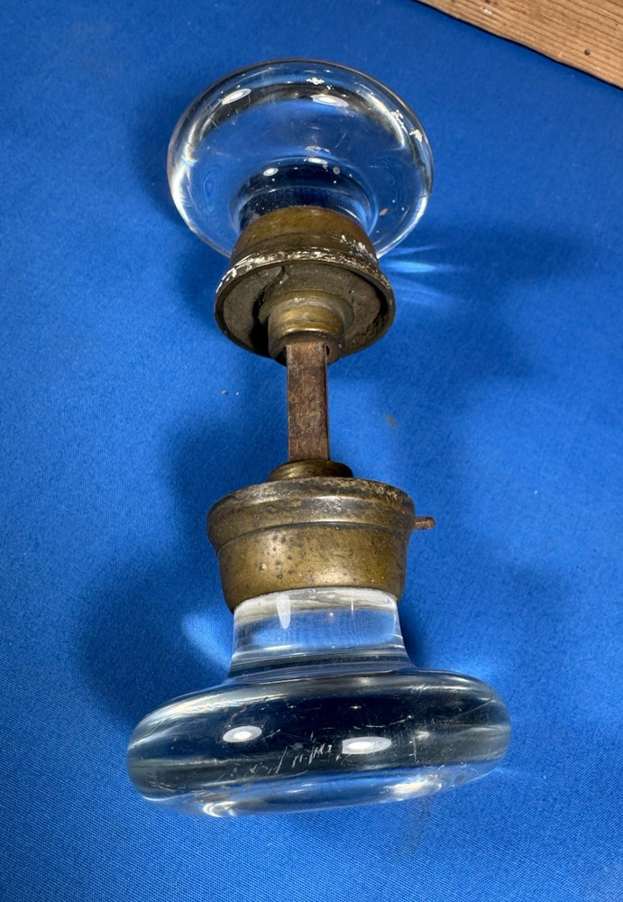 Pair C.1920 Glass Door Knobs ~ "X" Rosette, NO chips or cracks, Clean, Thin