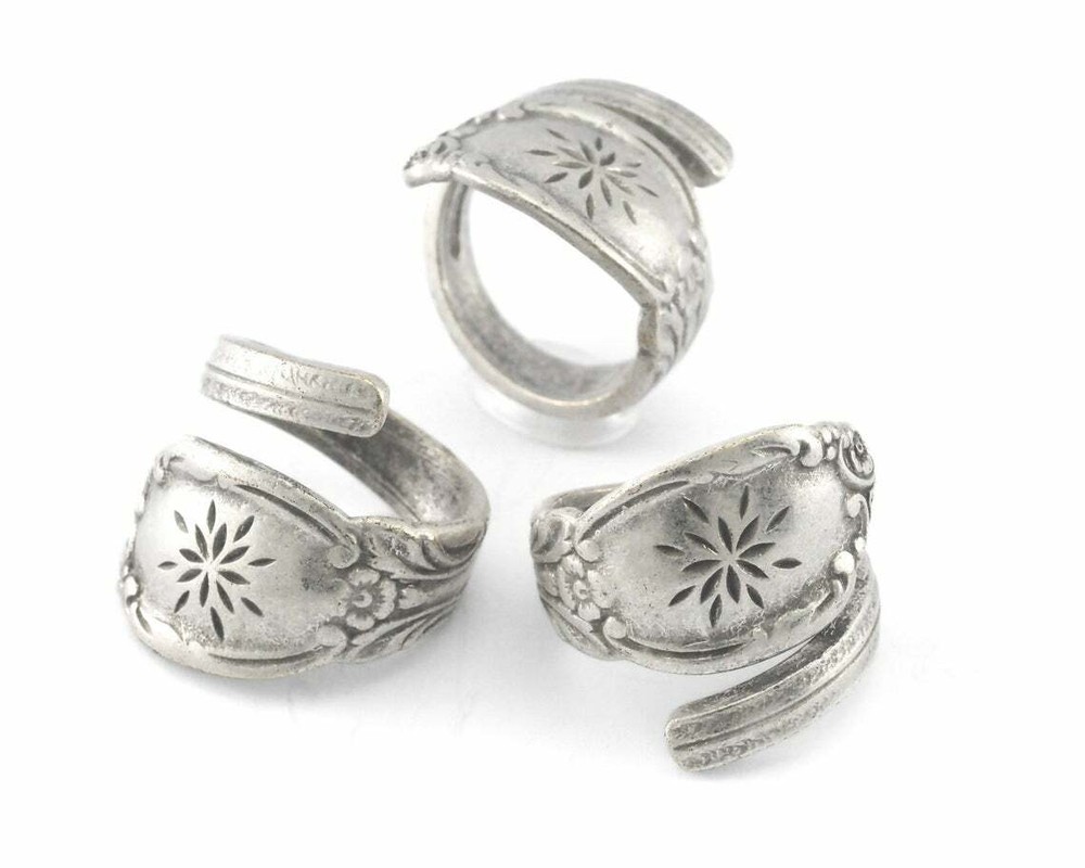 Spoon Wrap Ring Flower Patterned Antique silver plated Brass 7US Adjustable 4064