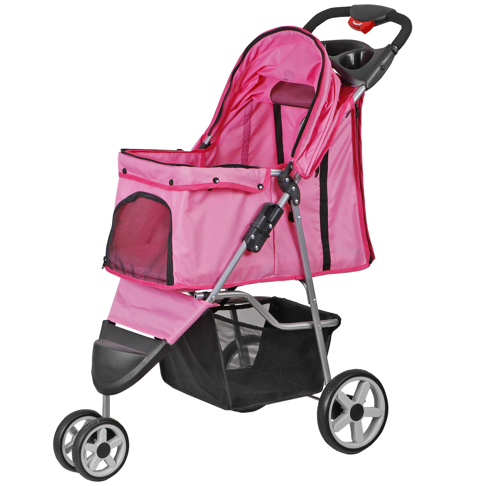 3 Wheels Pet Stroller Foldable Dog Stroller Cart Cat Carrier w/Cup Holder Pink