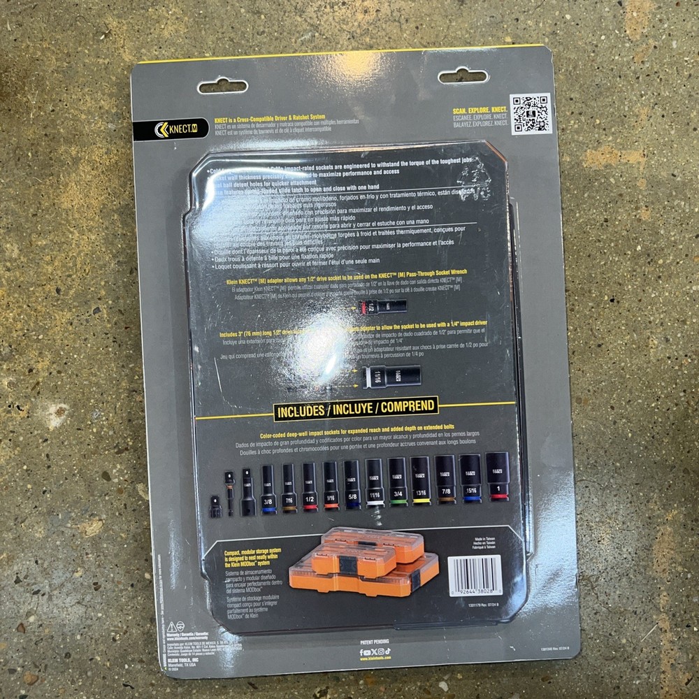 Klein Tools 65111IMPCT KNECT 1/2" Drive Deep Well Impact Socket Set, SAE, 14 Pc.