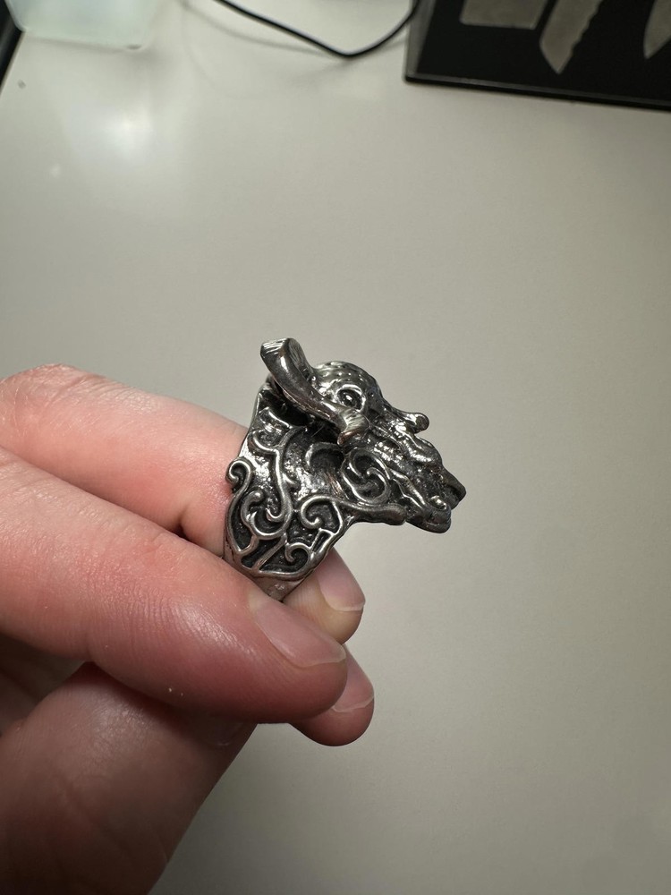 Intricate Silver Ram Skull Ring with Horns