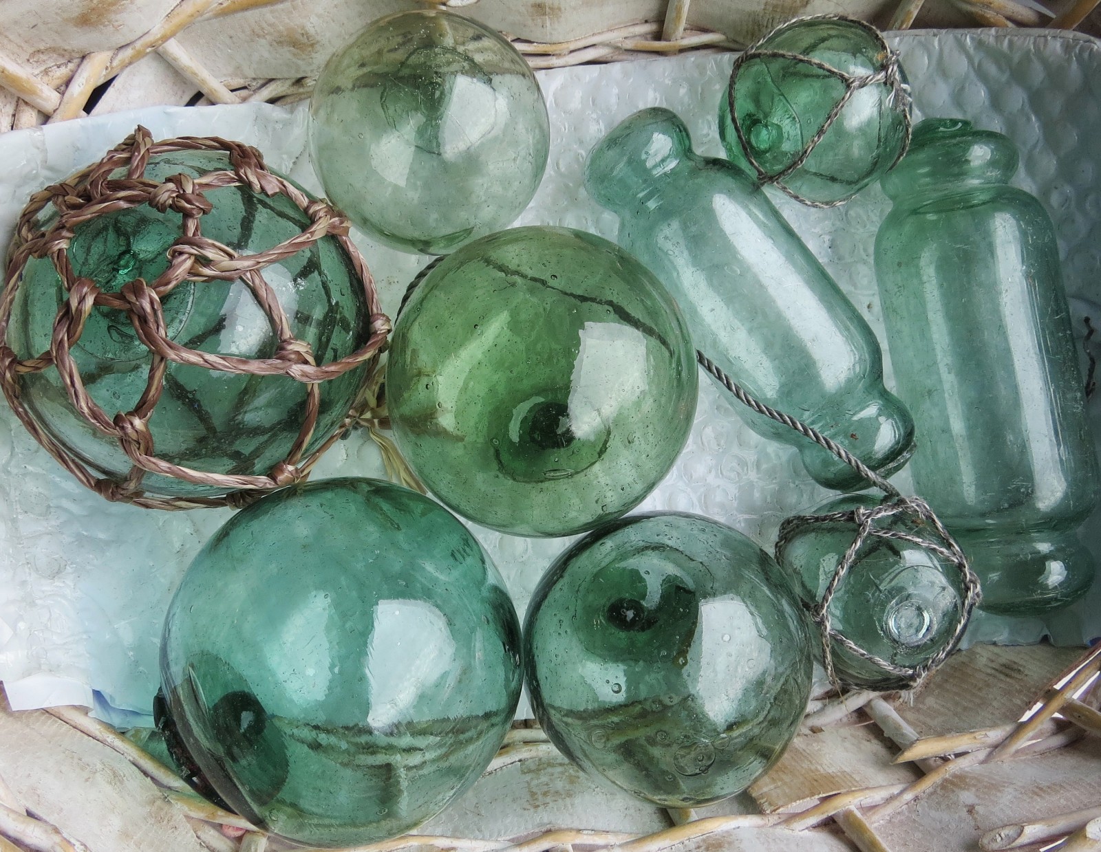 Japanese GLASS FLOATS (9) Sea Greens Mixed Sizes, Shape, Fishing Antiques USA BZ
