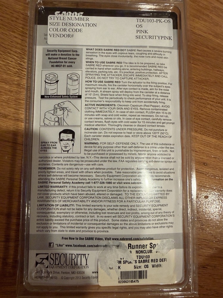 NEW IN PACKAGING SABRE RED PEPPER SPRAY MAXIMUM STRENGTH PINK