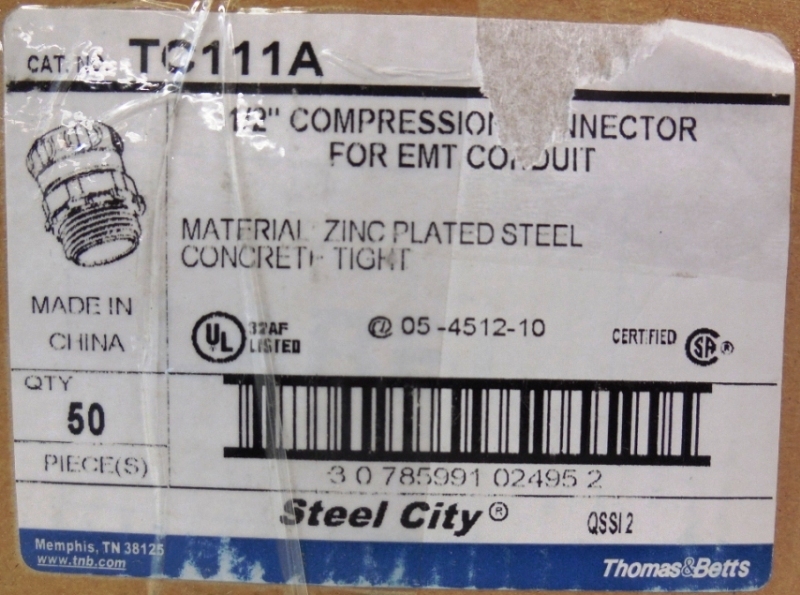THOMAS & BETTS 1/2" COMPRESSION CONNECTOR FOR EMT CONDUIT, TC111A, NIB