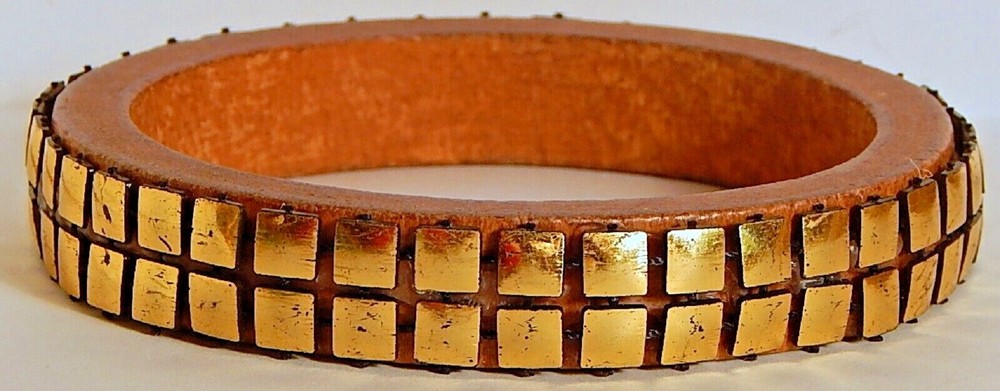 VINT LEATHER BRASS BANGLE BRACELET RETRO