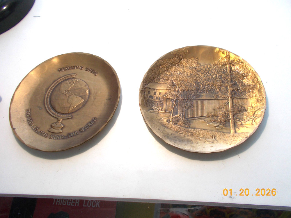 2 Wendell August Forge Solid Bronze 4-3/8" Plates: Teaching, Covered Bridge