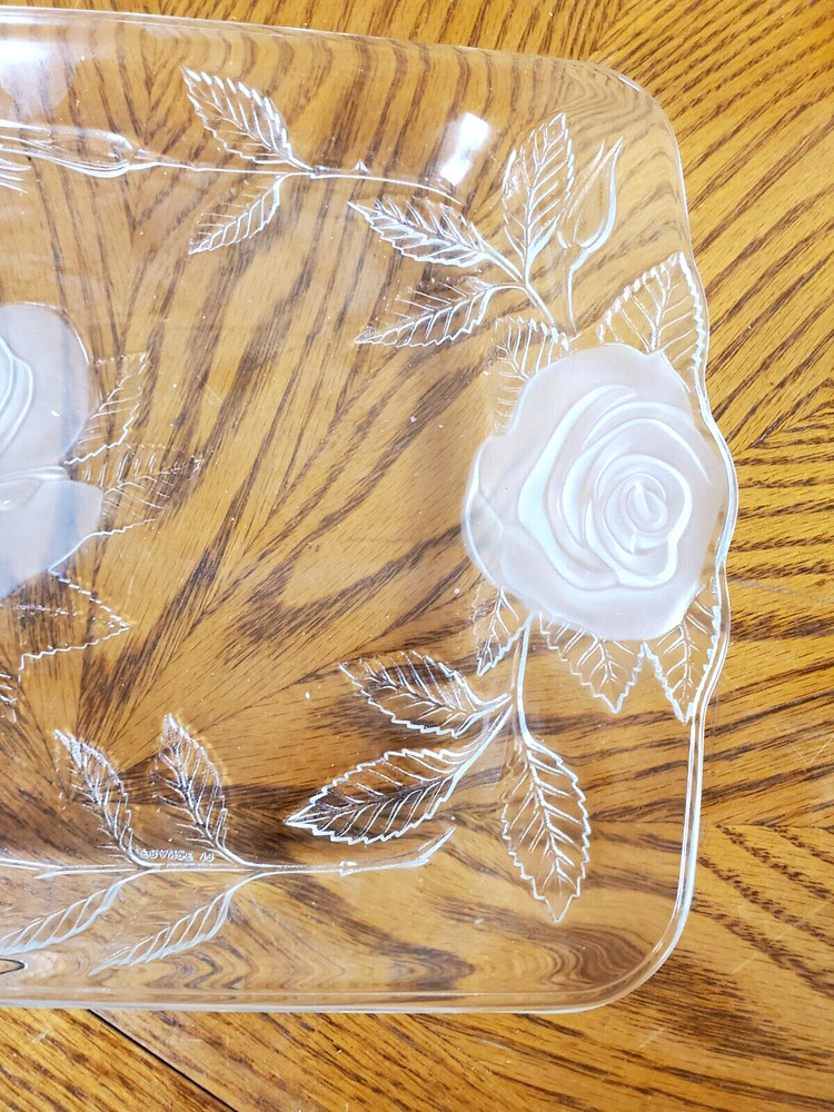 Cristal d'Arques Glass Embossed -Etched Rose Pattern Rectangle Serving Platter