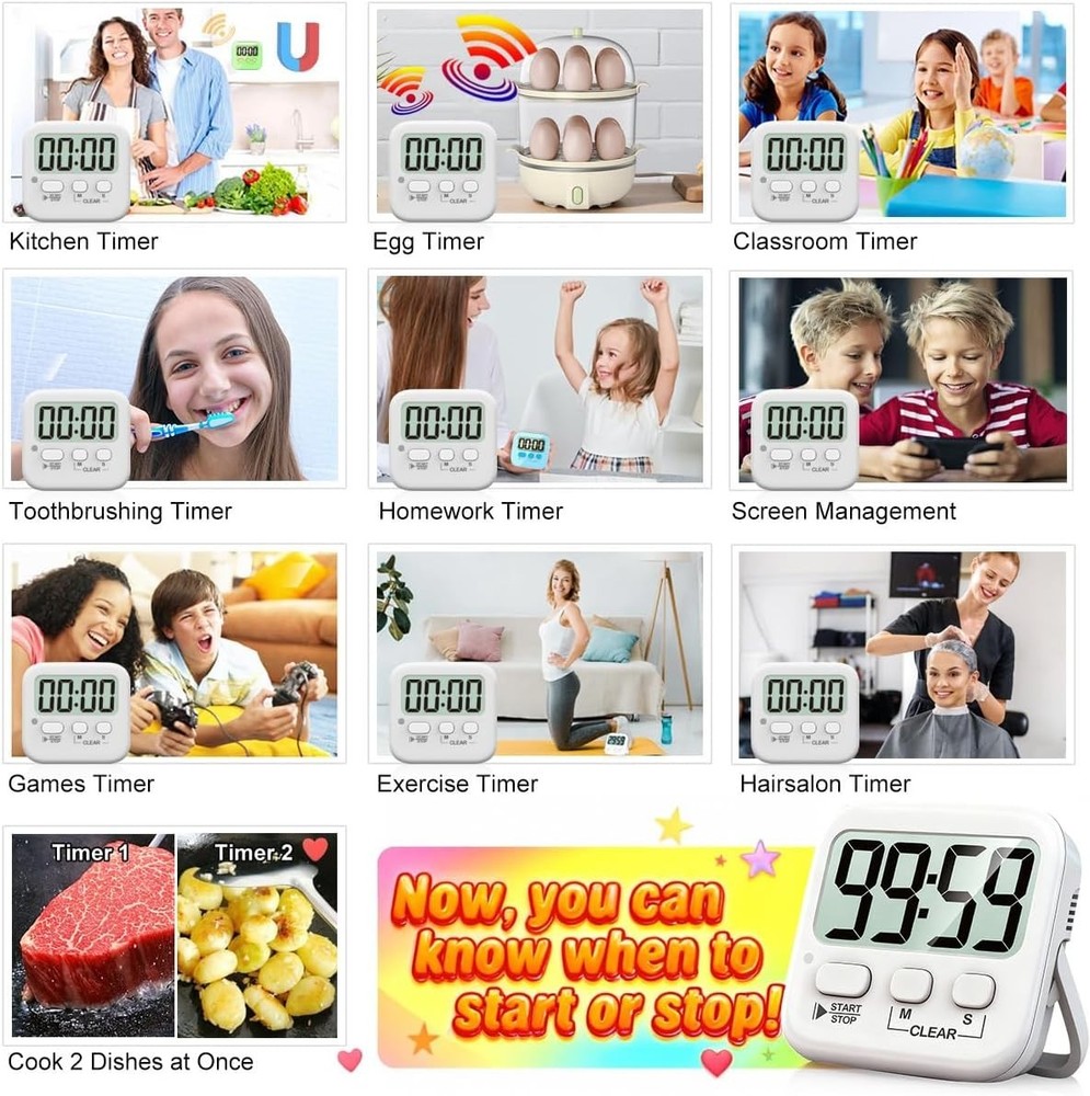 Magnetic Digital Timer Set - 2 Pack with Large Display for Cooking and Studying