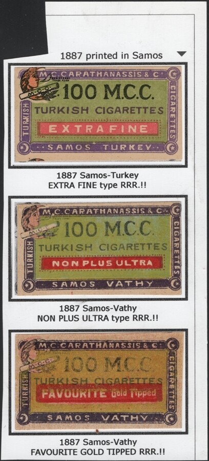 TURKEY, 1887. Cigarette Labels, M.C, Carathanassis, Samos-Vathy